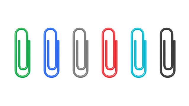 Colorful paperclip set icons isolated on transparent background. Green, blue, red, black paper clip. png