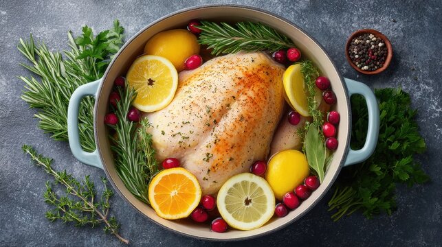 Raw turkey in pot with citrus fruits and herbs for brining preparation for Thanksgiving or Christmas
