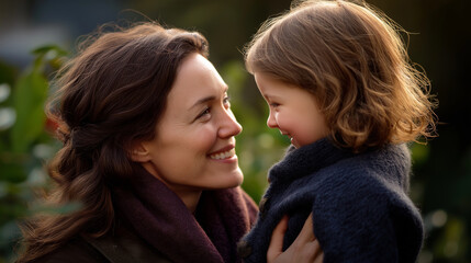 Fototapeta premium Individual and young youngster share warm moment outdoors faceless pair defocused natural background smiling at each other scene parent child connection visualization family