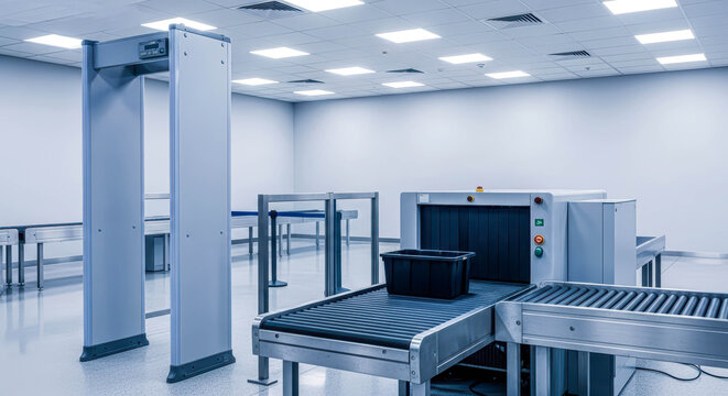 Airport security checkpoint with metal detector gate and X-ray scanner machine for baggage inspection. Travel safety and protection concept.