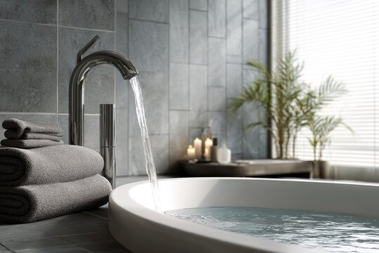 Modern spa bathtub, water flowing - Powered by Adobe