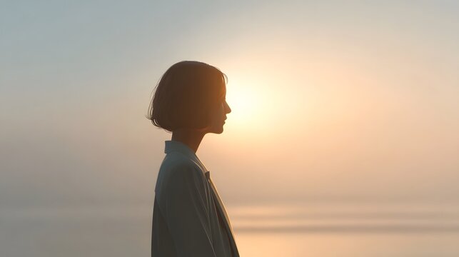 A woman s profile silhouette is illuminated by the warm glow of a hazy sunset over a calm sea evoking feelings of serenity contemplation and peaceful solitude at dawn or dusk - Powered by Adobe