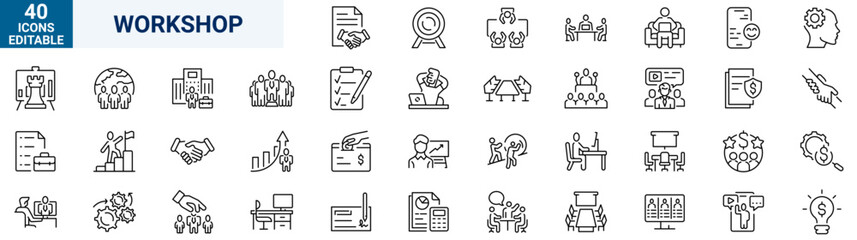 Workshop web icons in line style. Business. Containing team building, teamwork, coaching, meeting, managing, coaching.