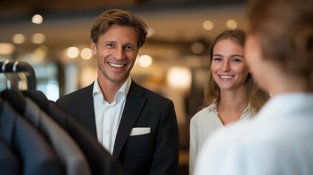 Customer smiling as they receive freshly cleaned clothing from a friendly staff member in a bright, modern reception area — human-centered and service-oriented visual highlighting hospitality,