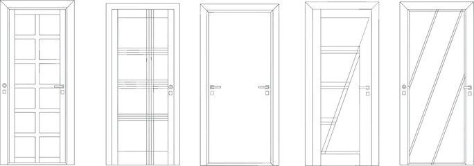 Modern interior door designs set in technical line art, architectural front and room doors CAD vector illustration collection