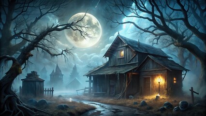Mysterious, aged wooden house under a full moon in a spooky, fog-laden forest with gnarled trees and skeletal remains