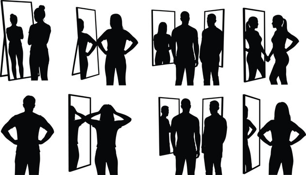 Monochrome silhouettes of people standing and posing in front of mirrors, self reflection concept, minimal flat vector illustration for design