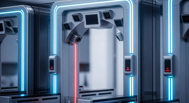 Modern biometric scanner with multiple cameras and laser for security and identification. Advanced technology for access control.