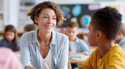 A nurturing female teacher attentively engages with a diverse young student fostering a positive and collaborative learning environment within a vibrant classroom setting