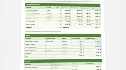 Animated detailed student tuition invoice template: interactive semester charges with comprehensive payment tracking balance display