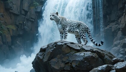 snow leopard is stand on a big stone behind it crystal white water fall
