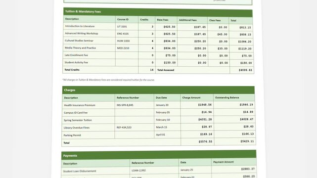 Animated detailed student tuition invoice template: interactive semester charges with comprehensive payment tracking balance display