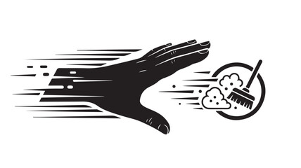 Powerful cleaning action with hand symbol and broom, representing fast and effective cleaning services for homes and businesses to achieve spotless results