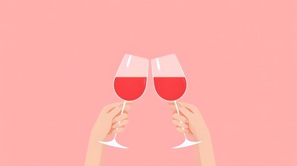 Illust n of a toast with red wine glasses held by two hands symbolizing celeb n friendship or a special occasion set against a clean pastel pink backdrop