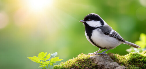 Beautiful bird perches on mossy rock in big garden, enjoying warm sunlight while birdwatching. serene atmosphere invites nature lovers to appreciate its charm