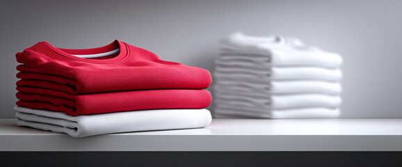Stack of neatly folded red and white t-shirts on a clean surface with blurred background of white folded shirts