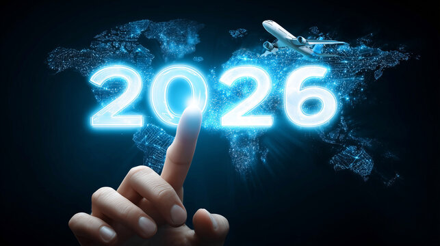 2026, world map and airplane. 2026 glows above a digital world map, an airplane flies above it, a hand touches the screen. Travel around the world, innovation, online booking in the new year. Tourism 