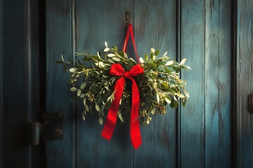 •	Mistletoe bouquet tied with red ribbon hanging from a wooden doorway, glowing softly 
