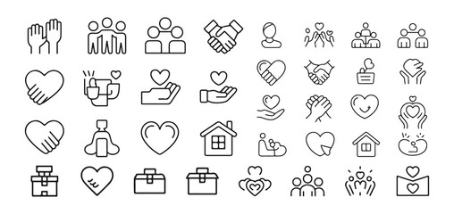 Large collection of outline icons representing various concepts of help care and community