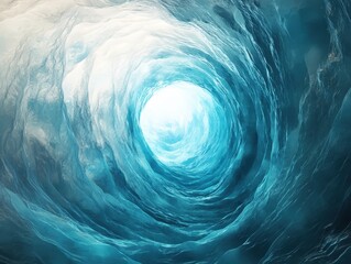 Stunning swirling ice cave tunnel beckons with light, inviting exploration and adventure travel