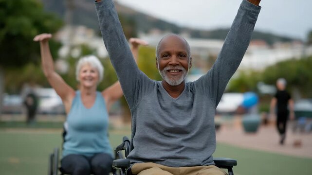 Inclusive outdoor fitness scene showing seniors, wheelchair users, and young adults exercising together in a green community park &mdash; representing accessible health initiatives, diversity in