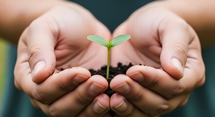 Close-up shot of two cupped hands gently holding a small amount of dark soil with a delicate, bright green seedling or young plant sprout growing, symbolizing growth and protection