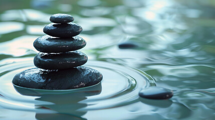 Stack of zen stones in water with ripples, a symbol of peace and balance