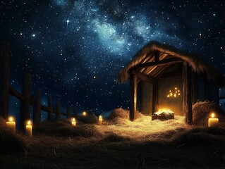 •	Nativity scene under a starry sky with soft candlelight and hay-covered floor 