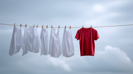 Red t-shirt hanging on clothesline alongside multiple white shirts against cloudy sky background