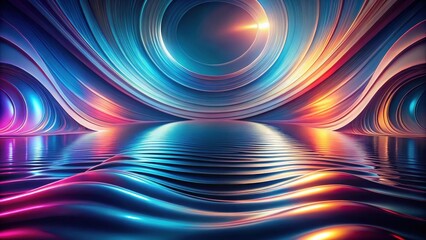 Obraz premium Abstract Swirling Waves and Glowing Concentric Circles Reflecting in a Calm, Smooth Surface