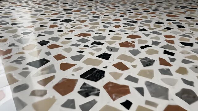 A terrazzo tiled floor featuring a cat sitting calmly on a classic white and black square pattern, surrounded by a tile clock adding modernity to this timeless scene, perfect for depicting.