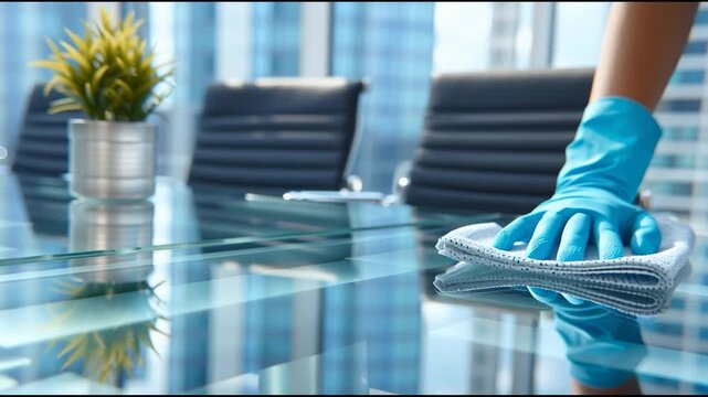 Close-up of gloved hand cleaning glass table in modern office conference room, professional janitorial service and workplace hygiene