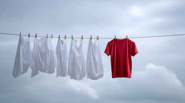 Red t-shirt hanging on clothesline alongside multiple white shirts against cloudy sky background