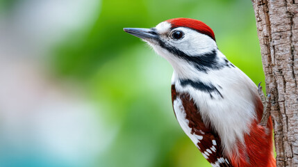 Fototapeta premium Beautiful bird perched on tree in big garden, showcasing vibrant colors and intricate patterns. This scene invites birdwatch enthusiasts to appreciate nature wonders