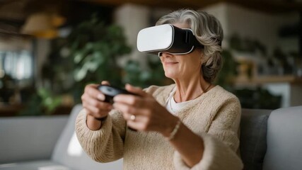 Senior traveler virtually exploring famous landmarks through VR headset in a cozy living room, representing modern adventure, nostalgia in aging, and digital exploration for mobility-limited - Powered by Adobe