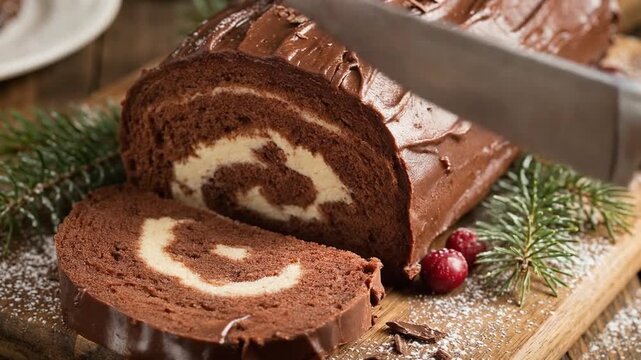 Professional Close-Up of a Knife Slicing a Delicious Traditional Chocolate Yule Log Cake (Buche de No&euml;l) on a Rustic Cutting Board for Christmas Dinner