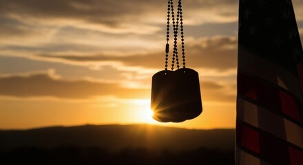 Dog Tags Dawn American Flag Soldiers Memory at Sunrise.