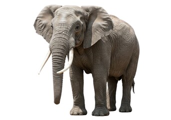 Obraz premium Large Grey Elephant Standing in White Background with Prominent Tusks and Ears