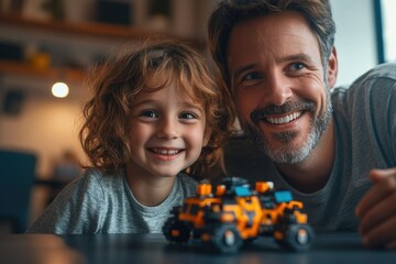 Fototapeta premium A happy father and child smiling brightly, sharing a joyful moment of play with a vibrant toy truck. Pure happiness and family bond.