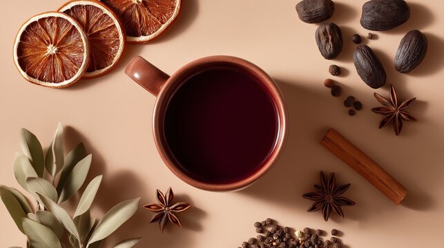 Mulled wine components with orange slices, spices, and herbs arranged in a flat commercial layout emphasize beverage, drink ingredient, culinary preparation, and holiday food themes