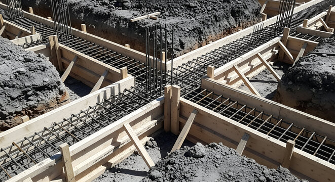 Construction site showing wooden forms and rebar for a building's foundation.