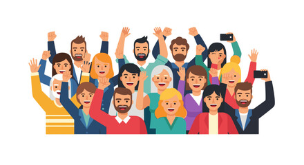 crowd of happy people, cheering group, excited audience, hands up celebration, people shouting, group enthusiasm, lively crowd, event spectators, joyful gathering, celebrating together, smartphone pho