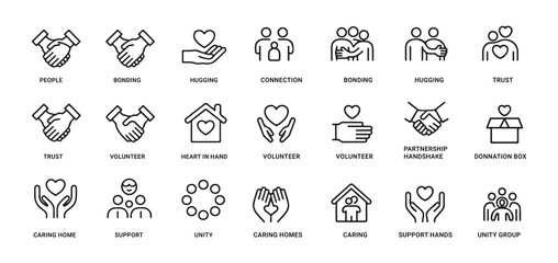 Set of line icons for various concepts like people, bonding, hugging, and connection symbols