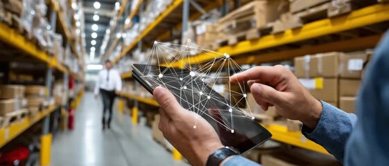 Smart Warehouse Management: A focused individual in a large warehouse utilizes a tablet to manage inventory, showcasing the integration of technology in modern logistics. - Powered by Adobe
