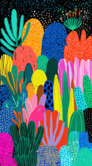 Colorful abstract cactus garden with vibrant boho style, playful shapes, and joyful night sky background