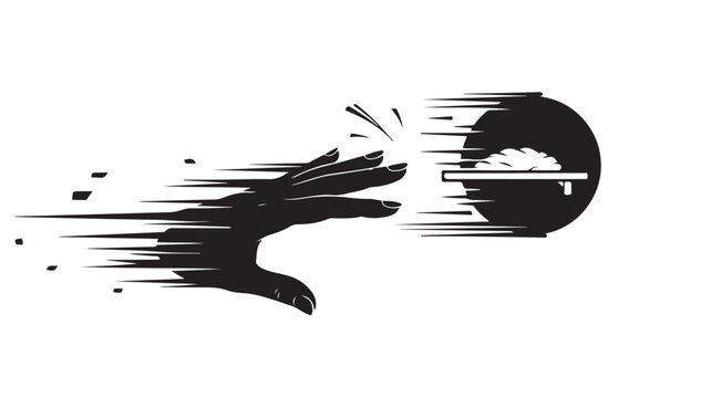 Dramatic black and white illustration of hand reaching toward circular saw, conveying danger and cautionary message, ideal for safety awareness campaigns and industrial design projects