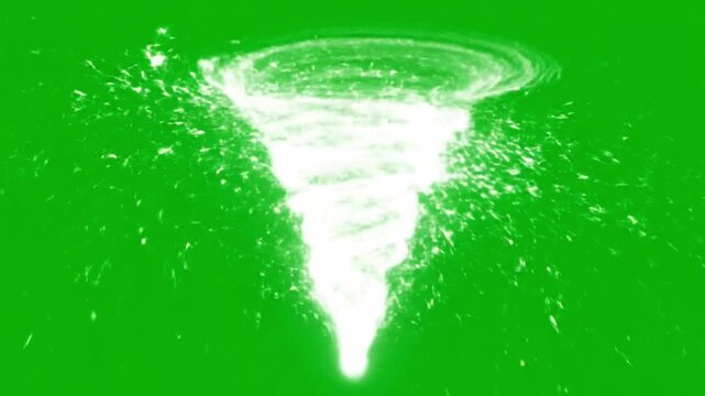 Powerful white tornado vortex with splashing water on a vibrant green background