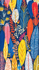 Colorful leaf pattern vibrant boho style abstract foliage blue background cheerful mood hand drawn modern decorative nature inspired