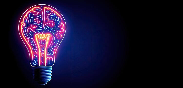 Glowing lightbulb-brain hybrid with neon circuitry on dark backdrop