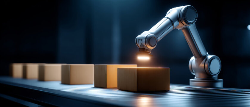 Automated robotic arm inspecting cardboard boxes on conveyor belt in modern industrial warehouse with dark background - Powered by Adobe